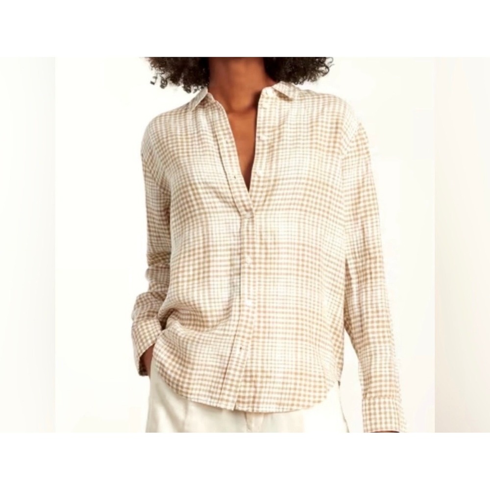 Everlane Women's Sz 6 Beige Tan Gingham Plaid 100% Linen Relaxed Button-Up Shirt